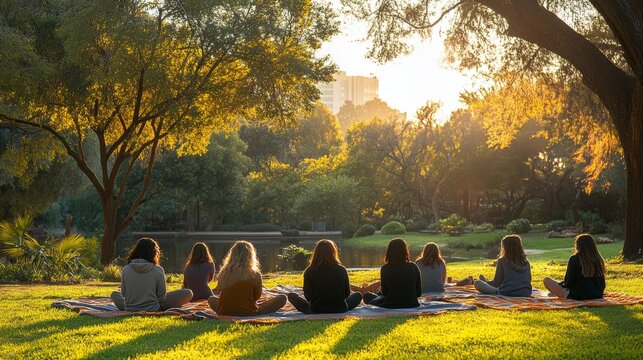 A group of individuals sits quietly on blankets in a park, meditating as the sun sets. The warm light filters through the trees, creating a tranquil environment for relaxation and reflection. - Powered by Adobe