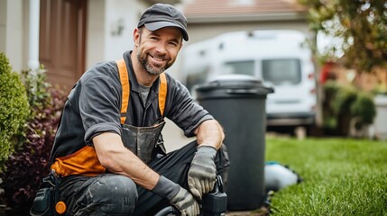 Happy male worker smiling at camera, outdoors.
