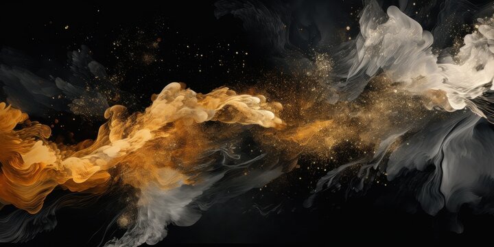 Dynamic abstract swirling clouds of gold and white smoke on black background