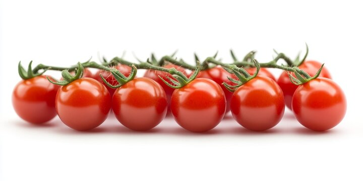 Fresh cherry tomatoes in a vibrant red color are showcased in a cluster, isolated on a white background, highlighting the freshness of these cherry tomatoes for culinary inspirations.