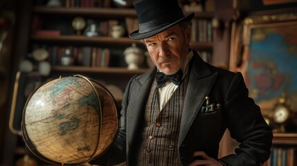Phileas Fogg Win a Wager Day Victorian gentleman in library contemplating globe