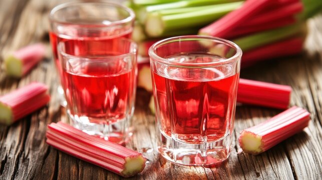 National Rhubarb Vodka Day Refreshing rhubarb juice in glasses on rustic wooden table