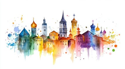 St. Stephen's Day Vibrant watercolor skyline of historic european city landmarks