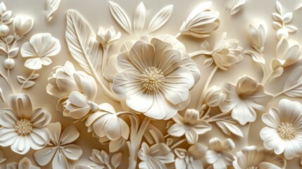 Elegant Layered Floral Backdrop with Soft Organic Botanical Patterns and Textures  Digital 3D render of beautiful white and beige flowers petals and leaves with a modern minimalist