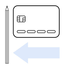 Credit card and pencil next to a left-pointing arrow. Ideal for financial planning, budgeting, education, navigation, security, online payments, banks. Line metaphor