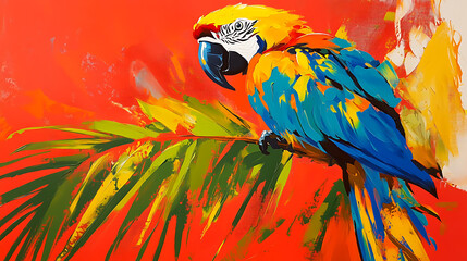 Cute puppy playing with colorful parrot tropical setting vibrant art style joyful scene animal interaction nature's charm