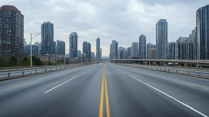Fototapeta premium Empty urban road leading to a city skyline under a cloudy sky : Generative AI