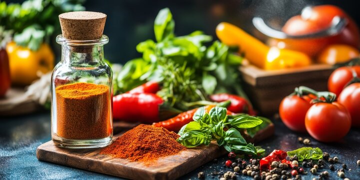 Glass bottle filled with spices alongside vibrant vegetables arranged on a cutting board, highlighting the beauty of culinary ingredients and the essence of cooking with spices.