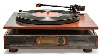 Silent Record Week Vintage turntable with wooden base and analog controls playing vinyl record