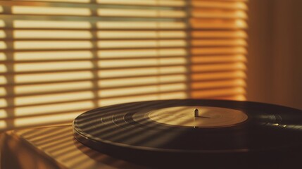 Obraz premium Silent Record Week Vintage vinyl record player in warm sunlit room with shadows
