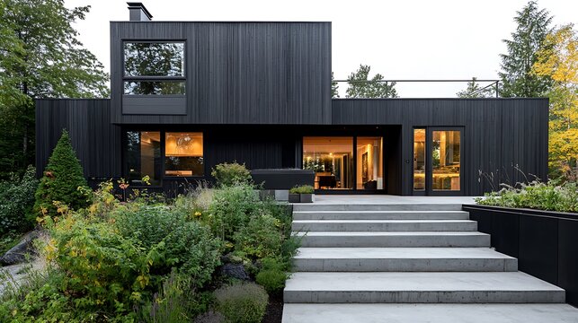 Modern black house with concrete stairs and lush garden.