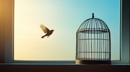 Adopt a Rescued Bird Month Bird finding freedom as it flies out of an open cage against a sunset backdrop