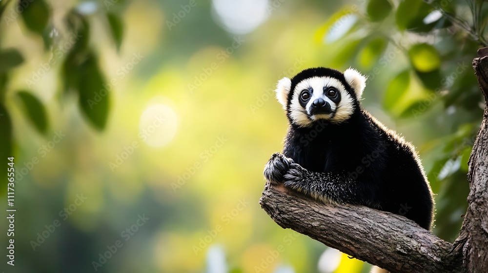 Poster black and white ruffed lemur resting on tree branch in vibrant green forest : generative ai