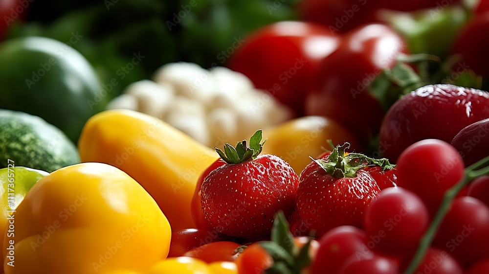 Aufkleber fresh summer harvest of mixed vegetables and strawberries in a rustic farmers market setting : gener