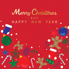 A vibrant Christmas greeting card with a red background featuring festive decorations like gingerbread cookies, Christmas ornaments, candy canes, and stockings. The golden text reads "Merry Christmas 