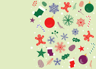 A playful Christmas-themed design on a light green background showcasing scattered festive elements, including gingerbread men, ornaments, candy canes, stockings, holly, and colorful snowflakes. Perfe