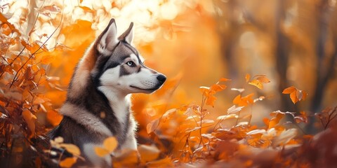 Portrait of a husky amidst colorful autumn foliage. This high quality photo captures the beauty of a husky in an enchanting autumn forest setting, ideal for nature and pet lovers.