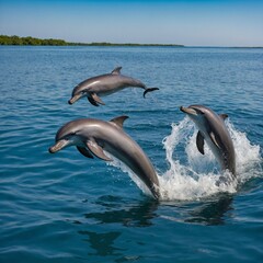 Fototapeta premium A playful group of river dolphins jumping from a clear, white-blue river.
