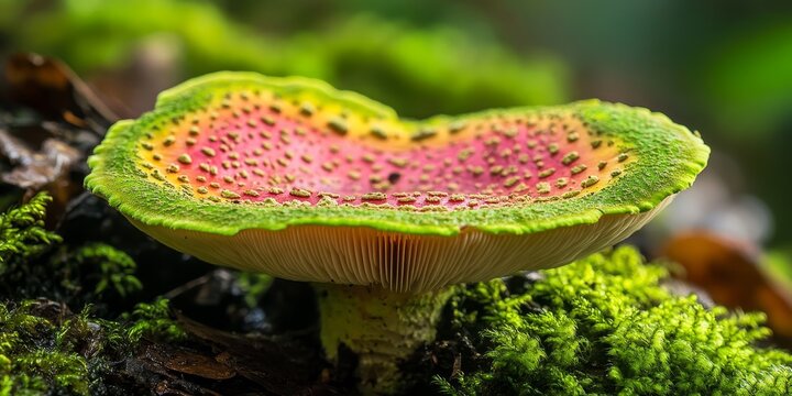 Vibrant green and pink russule mushroom captured in a natural setting, showcasing the unique colors and textures of this fascinating russule mushroom species. Perfect for nature lovers and