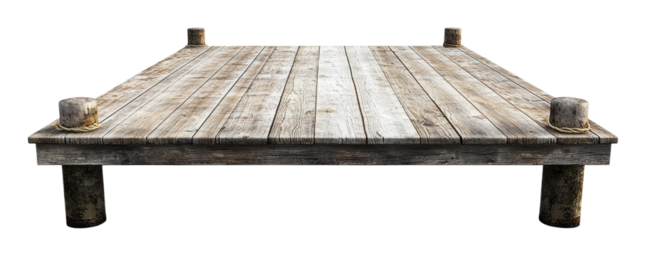 Wooden dock extending over calm water, cut out - stock png.