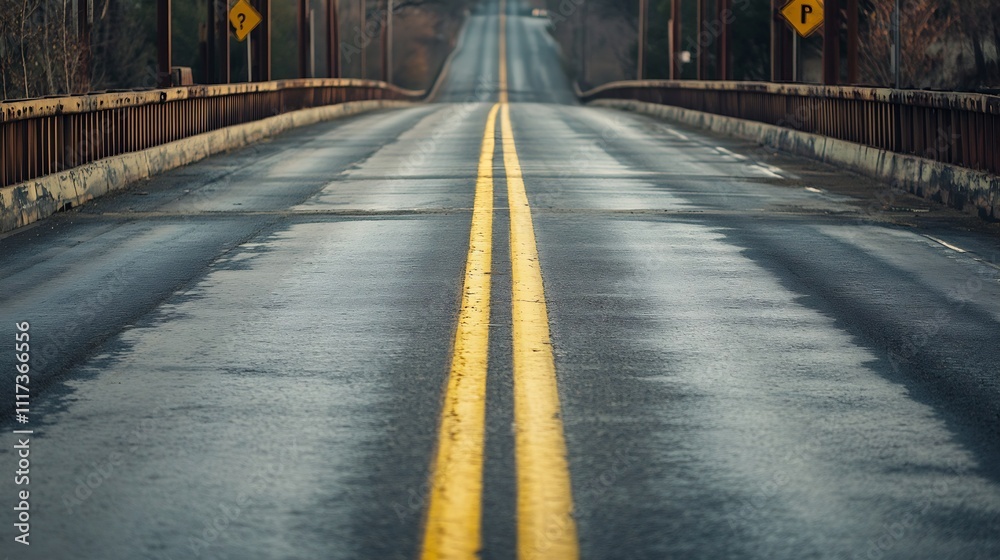 Poster Perspective view of an empty highway with wet reflective surface and yellow lines : Generative AI