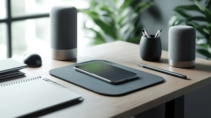 Smartphone & speakers in a minimalist home office for enhanced productivity
