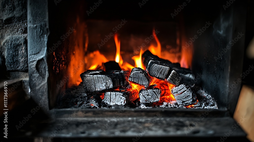 Poster cozy warmth of glowing charcoal fire in rustic fireplace setting : generative ai
