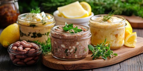 Appetizing homemade vegetarian pate presented in glass jars on a wooden cutting board, accompanied by lemon, cheese, herbs, and a bowl of marinated red beans, highlights the delightful vegetarian