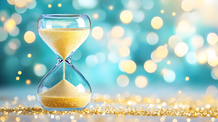 
hourglass witg golden sand at a new years eve party blurred background

