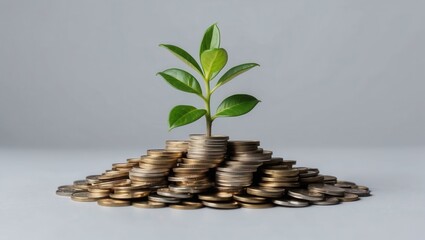 Growth of a plant from a mound of coins symbolizes financial prosperity and sustainability in investment strategies