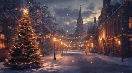Fototapeta premium A peaceful winter city scene with a decorated Christmas tree in the foreground, snow-covered streets, and glowing lanterns nearby.