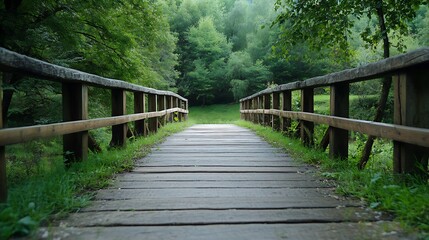 Obraz premium Serene Wooden Bridge Over Lush Green Forest Pathway in Nature : Generative AI