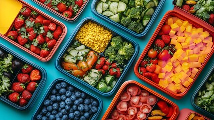 Lunchboxes containing wholesome food that are displayed against. Generative Ai