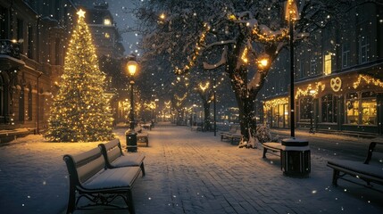 Fototapeta premium A winter wonderland in a city center with a glowing Christmas tree, snow-covered benches, and softly lit surrounding architecture.
