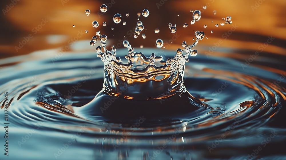 Poster crystal clear water droplet splashing in captivating motion with vibrant reflections at sunset : gen
