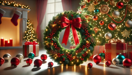 A Christmas wreath surrounded by ornaments on the floor, next to a fully decorated tree.