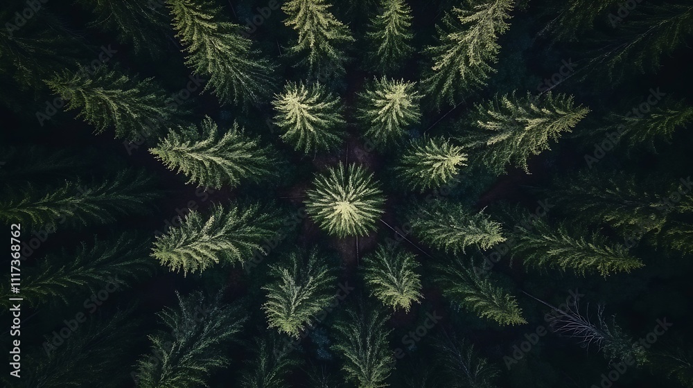 Poster Aerial view of lush green pine trees forming a radial pattern in dense forest landscape : Generative AI