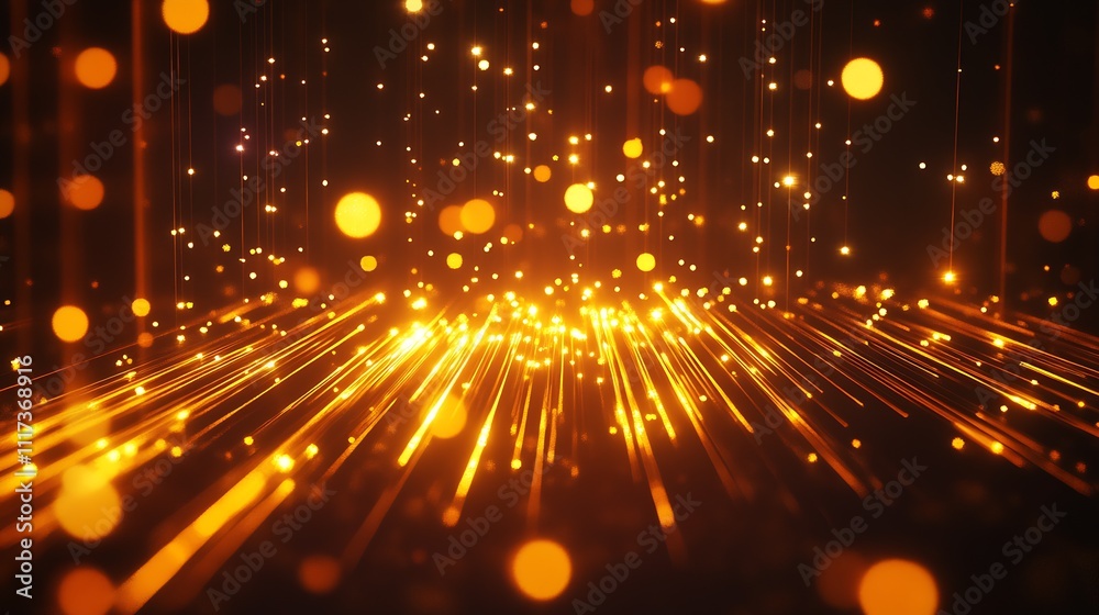 Poster Glowing Amber Light Trails and Particles Abstract Background : Generative AI