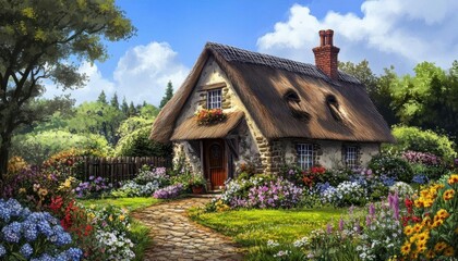 A charming cottage surrounded by vibrant flowers and lush greenery.