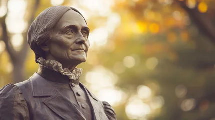 Selbstklebende Fototapeten Susan B Anthony Day Historic autumn scene featuring a bronze statue in elegant attire amidst colorful foliage © Julia Jones
