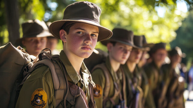 Founders Day Scouts Young cadets in uniform on outdoor adventure training - Powered by Adobe