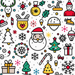 Colorful Christmas seamless pattern with Santa, trees, gifts, and snowflakes.