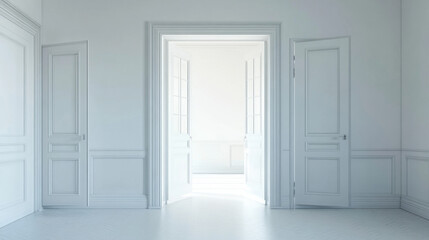 Bright, empty white room with open double doors leading to another well-lit space, featuring classic trim and paneled walls in a minimalist style.