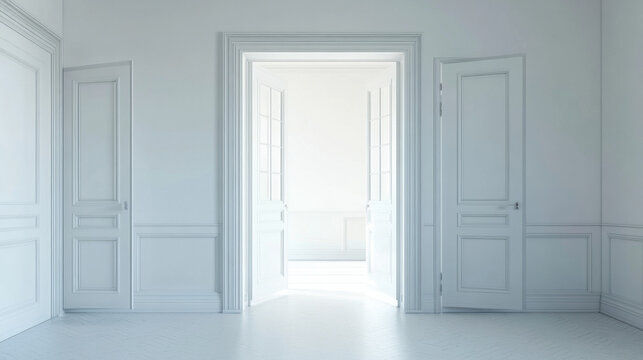 Bright, empty white room with open double doors leading to another well-lit space, featuring classic trim and paneled walls in a minimalist style.