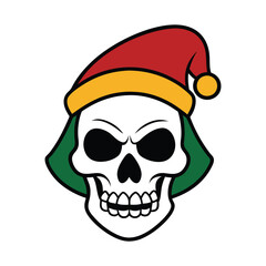 A scary human skull wearing Santa Claus hat