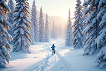 Minimalist Skier on a Peaceful Snowy Forest Trail AI-Generated