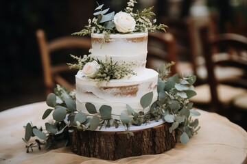 National Cream Cheese Frosting Day Rustic wedding cake with floral decorations on wooden stand for outdoor celebration