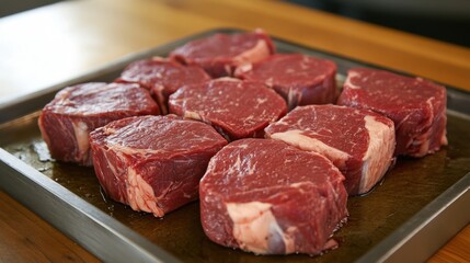 Obraz premium National Wagyu Day Premium cuts of fresh raw beef steak on metal tray for culinary preparation