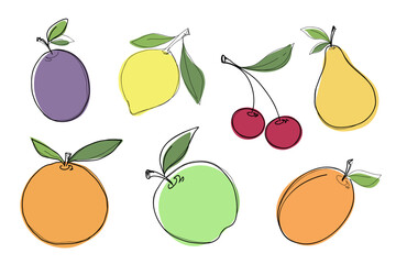 A set of colorful fruits apple, pear, orange, cherry, lemon, plum, apricot hand-drawn, vector, doodle. Line illustration with colored background, flat design. Decorative element for decoration, labels