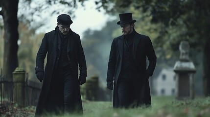 Two men in Victorian era clothing walking in a moody cemetery setting : Generative AI
